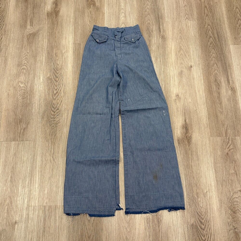 Vintage 70s Bell Bottoms Women's Size 23x31 Dark Blue Western Freyed Repaired